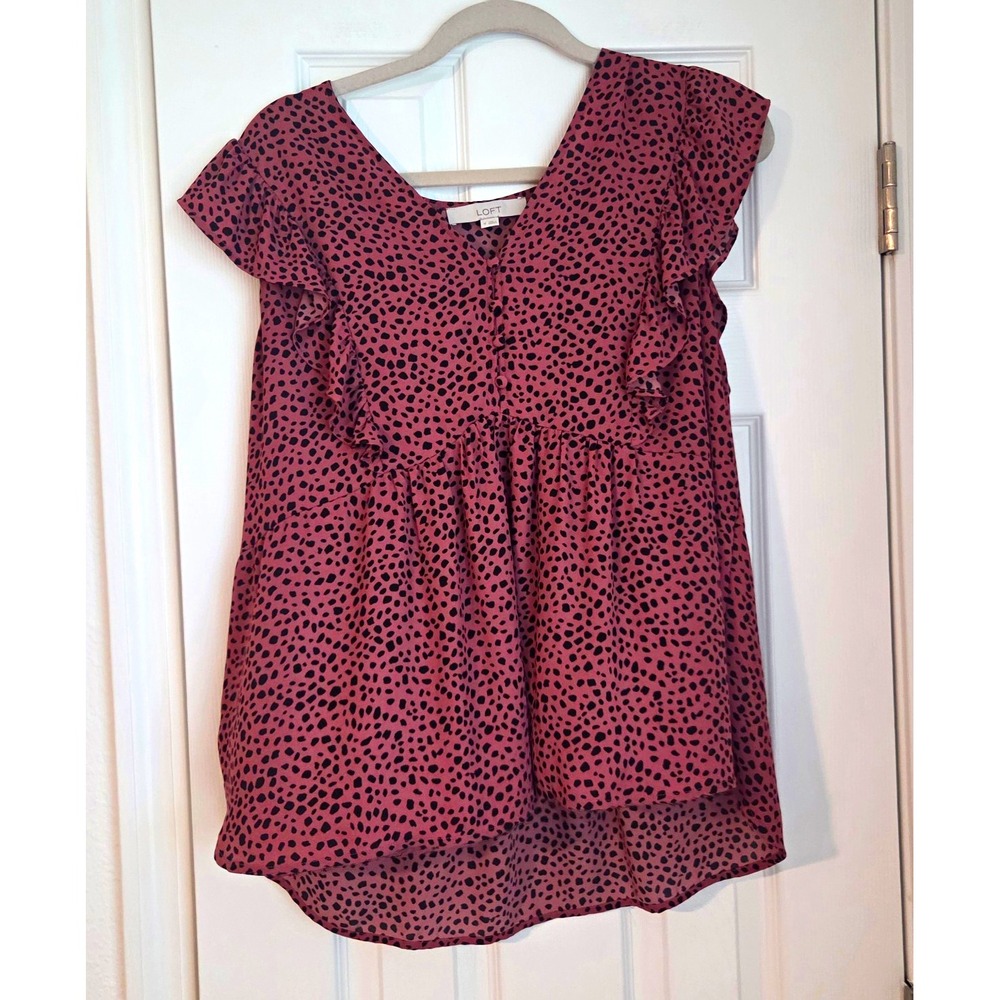 LOFT Women’s Blouse Mauve Pink Black Ditsy Dot Ruffle Flutter Sleeve Babydoll M